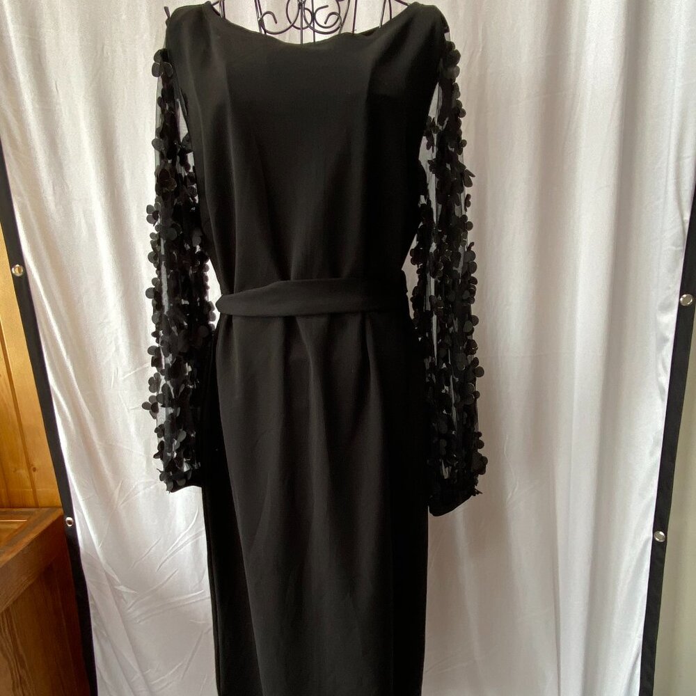 Elegant Black Midi Cocktail Dress | Sheer Floral Sleeves | Sz 12